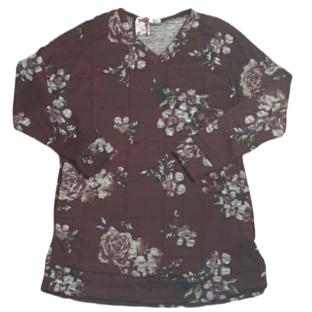 Ces Femme boutique floral tunic top burgandy wine floral plaid shirt large
